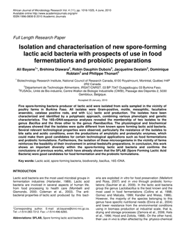 Isolation and Characterisation of New Spore-Forming Lactic Acid Bacteria with Prospects of Use in Food Fermentations and Probiotic Preparations
