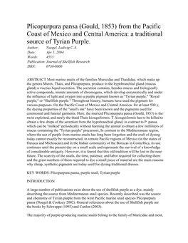 Plicopurpura Pansa (Gould, 1853) from the Pacific Coast of Mexico and Central America: a Traditional Source of Tyrian Purple