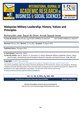 Malaysian Military Leadership: History, Values and Principles