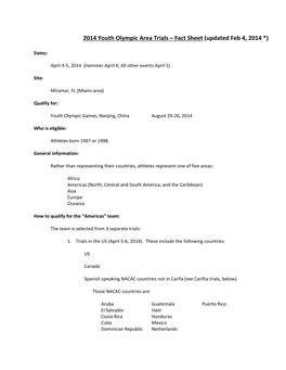 2014 Youth Olympic Area Trials – Fact Sheet (Updated Feb 4, 2014 *)