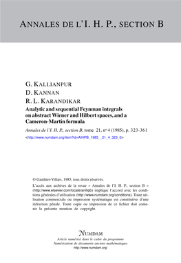 Analytic and Sequential Feynman Integrals on Abstract Wiener and Hilbert Spaces, and a Cameron-Martin Formula Annales De L’I