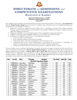 DIRECTORATE of ADMISSIONS and COMPETITIVE EXAMINATIONS University of Kashmir Selection Notification No.: 1 of 2019 Programmes Offered at Kargil Campus Session-2019