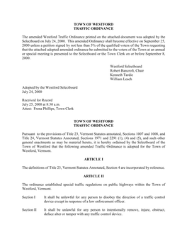 TOWN of WESTFORD TRAFFIC ORDINANCE the Amended Westford Traffic Ordinance Printed on the Attached Document Was Adopted by the Se