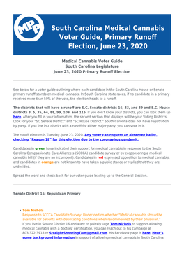 South Carolina Medical Cannabis Voter Guide, Primary Runoff Election, June 23, 2020