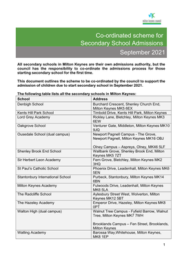 Co-Ordinated Scheme for Secondary School Admissions 2021