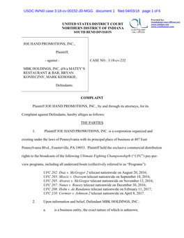 UNITED STATES DISTRICT COURT NORTHERN DISTRICT of INDIANA JOE HAND PROMOTIONS, INC., Plaintiff