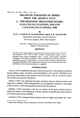 Helminth Parasites of Fishes from the Arabian Gulf 2 - the Digenetic Trematode Genera Hamacreadiumlinton, 1910 and Cainocreadium Nicoll, 1909