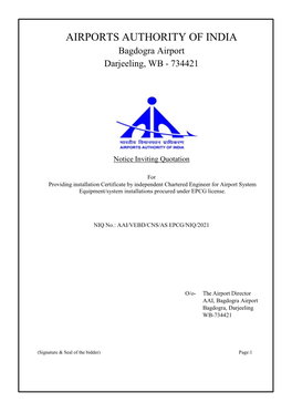 To, CNS In-Charge, O/O the Airport Director, Airports Authority of India, Bagdogra Airport, Darjeeling, West Bengal-734421