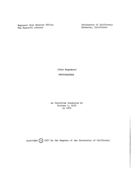 Regional Oral History Office the Bancroft Library Johan Hagemeyer