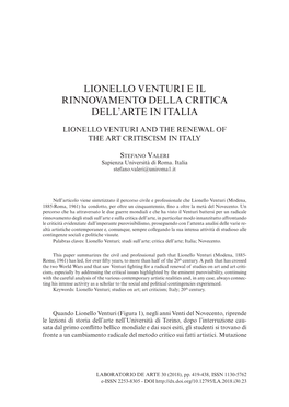 Lionello Venturi E Il Rinnovamento Della Critica Dell’Arte in Italia