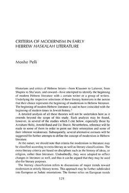 Criteria of Modernism in Early Hebrew Haskalah Literature