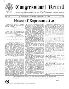 Congressional Record United States Th of America PROCEEDINGS and DEBATES of the 104 CONGRESS, SECOND SESSION