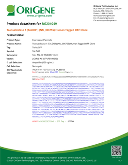 Transaldolase 1 (TALDO1) (NM 006755) Human Tagged ORF Clone Product Data