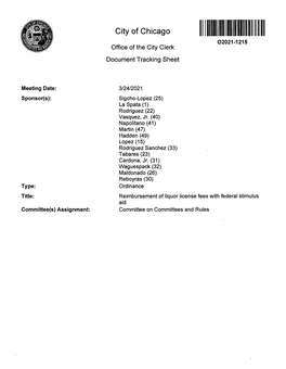 City of Chicago 02021-1215 Office of the City Clerk Document Tracking Sheet