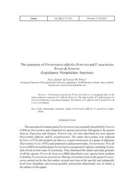 The Synonymy of Forsterinaria Difficilis (Forster) and F. Anachoreta Pulido & Andrade (Lepidoptera: Nymphalidae: Satyrinae)