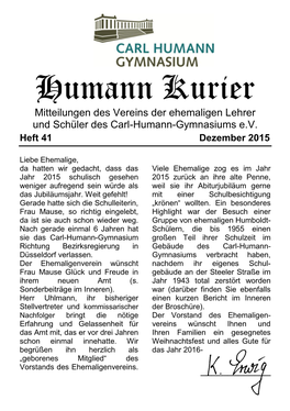 Humann Kurier Mitteilungen Des Vereins Der Ehemaligen Lehrer Und Schüler Des Carl-Humann-Gymnasiums E.V