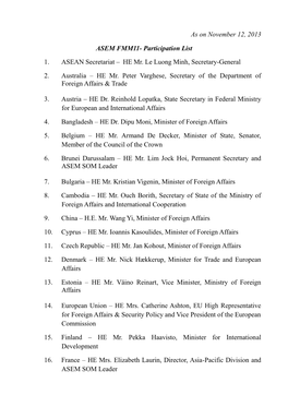 Status of Confirmations for the ASEM FMM11 and ASEM