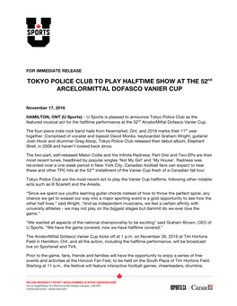 TOKYO POLICE CLUB to PLAY HALFTIME SHOW at the 52Nd ARCELORMITTAL DOFASCO VANIER CUP