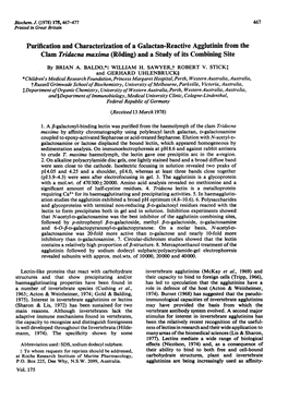 Purification and Characterization of a Galactan-Reactive Agglutinin from the Clam Tridacna Maxima (R8iding) and a Study of Its Combiniing Site by BRIAN A