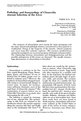 Pathology and Immunology of Clonorchis Sinensis Infection of the Liver TSIEH SUN, M.D