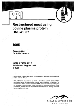 Restructured Meat Using Bovine Plasma Protein UNSW.007