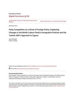 Party Competition As a Driver of Foreign Policy: Explaining Changes in the British Labour Partyâ•Žs Immigration Policies