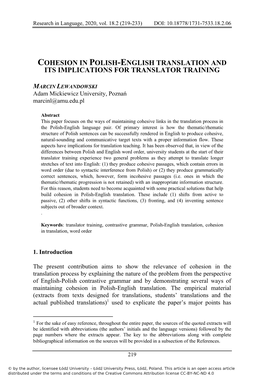 Cohesion in Polish-English Translation and Its Implications for Translator Training