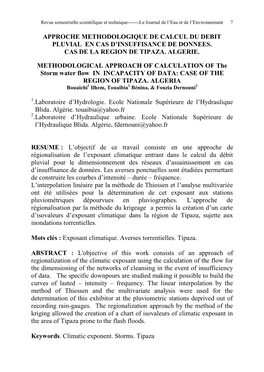 Approche Methodologique De Calcul Du Debit Pluvial En Cas D’Insuffisance De Donnees