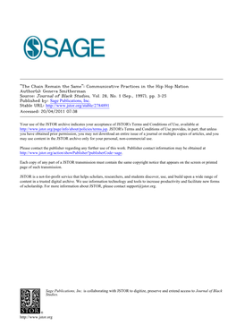 "The Chain Remain the Same": Communicative Practices in the Hip Hop Nation Author(S): Geneva Smitherman Source: Journal of Black Studies, Vol
