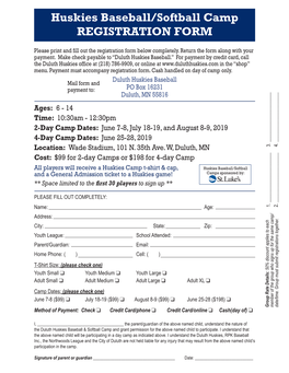 Huskies Baseball/Softball Camp Registration Form