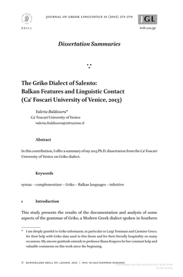 Dissertationsummaries the Griko Dialect of Salento: Balkan