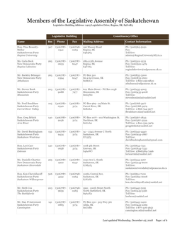 Members of the Legislative Assembly of Saskatchewan Legislative Building Address: 2405 Legislative Drive, Regina, SK, S4S 0B3