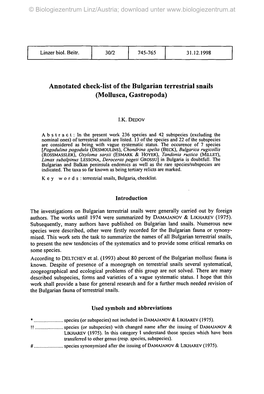 Annotated Check-List of the Bulgarian Terrestrial Snails (Mollusca, Gastropoda)