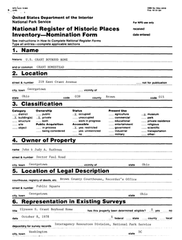 National Register of Historic Places Inventory — Nomination Form Date Entered 1. Name 2. Location 3. Classification 4. Owner O