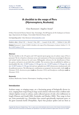 A Checklist to the Wasps of Peru (Hymenoptera, Aculeata)