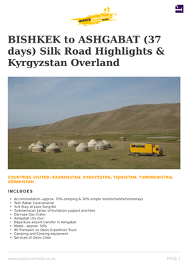 BISHKEK to ASHGABAT (37 Days) Silk Road Highlights & Kyrgyzstan