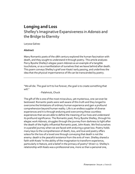 Longing and Loss: Shelleys Imaginative Expansiveness in Adonais and the Bridge to Eternity by Laryssa Galvez