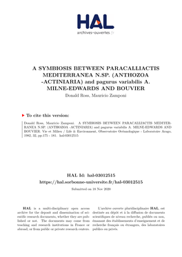 (ANTHOZOA -ACTINIARIA) and Pagurus Variabilis A. MILNE-EDWARDS and BOUVIER Donald Ross, Mauricio Zamponi