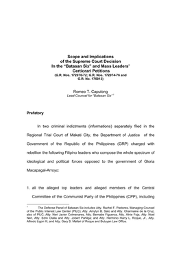 Scope and Implications of the Supreme Court Decision in the “Batasan Six” and Mass Leaders’ Certiorari Petitions (G.R