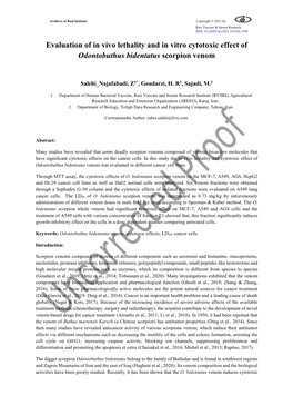 Evaluation of in Vivo Lethality and in Vitro Cytotoxic Effect of Odontobuthus Bidentatus Scorpion Venom
