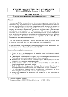 Crues Et Sécheresses Exemple Du Bassin De Oued Cheliff*