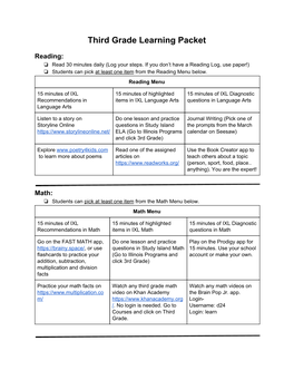 Third Grade Learning Packet