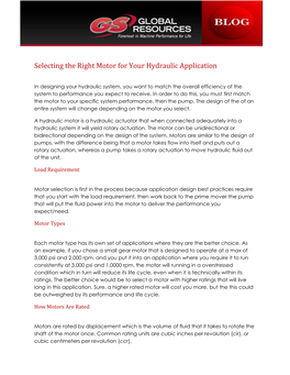 Selecting the Right Motor for Your Hydraulic Application