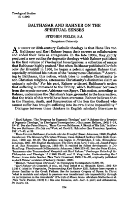 Balthasar and Rahner on the Spiritual Senses Stephen Fields, S J