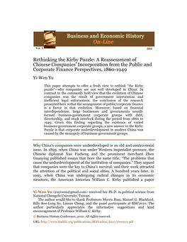 Rethinking the Kirby Puzzle: a Reassessment of Chinese Companies’ Incorporation from the Public and Corporate Finance Perspectives, 1860-1949