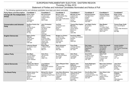 EUROPEAN PARLIAMENTARY ELECTION - EASTERN REGION Thursday 23 May 2019 Statement of Parties and Individual Candidates Nominated and Notice of Poll 1