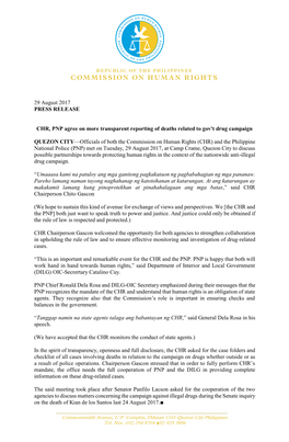 29 August 2017 PRESS RELEASE CHR, PNP Agree on More