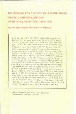 Notes on Nationalism and Resistance in Eritrea, 1890-1940