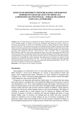 Effects of Different Mixture Ratios and Harvest Periods on Grass Quality of Triticale (Xtriticosecale Wittmack) – Forage Pea (Pisum Sativum L.) Intercrop - 13263