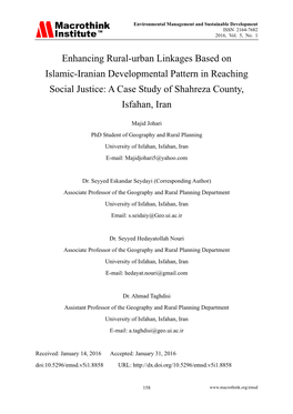 Enhancing Rural-Urban Linkages Based on Islamic-Iranian Developmental Pattern in Reaching Social Justice: a Case Study of Shahreza County, Isfahan, Iran